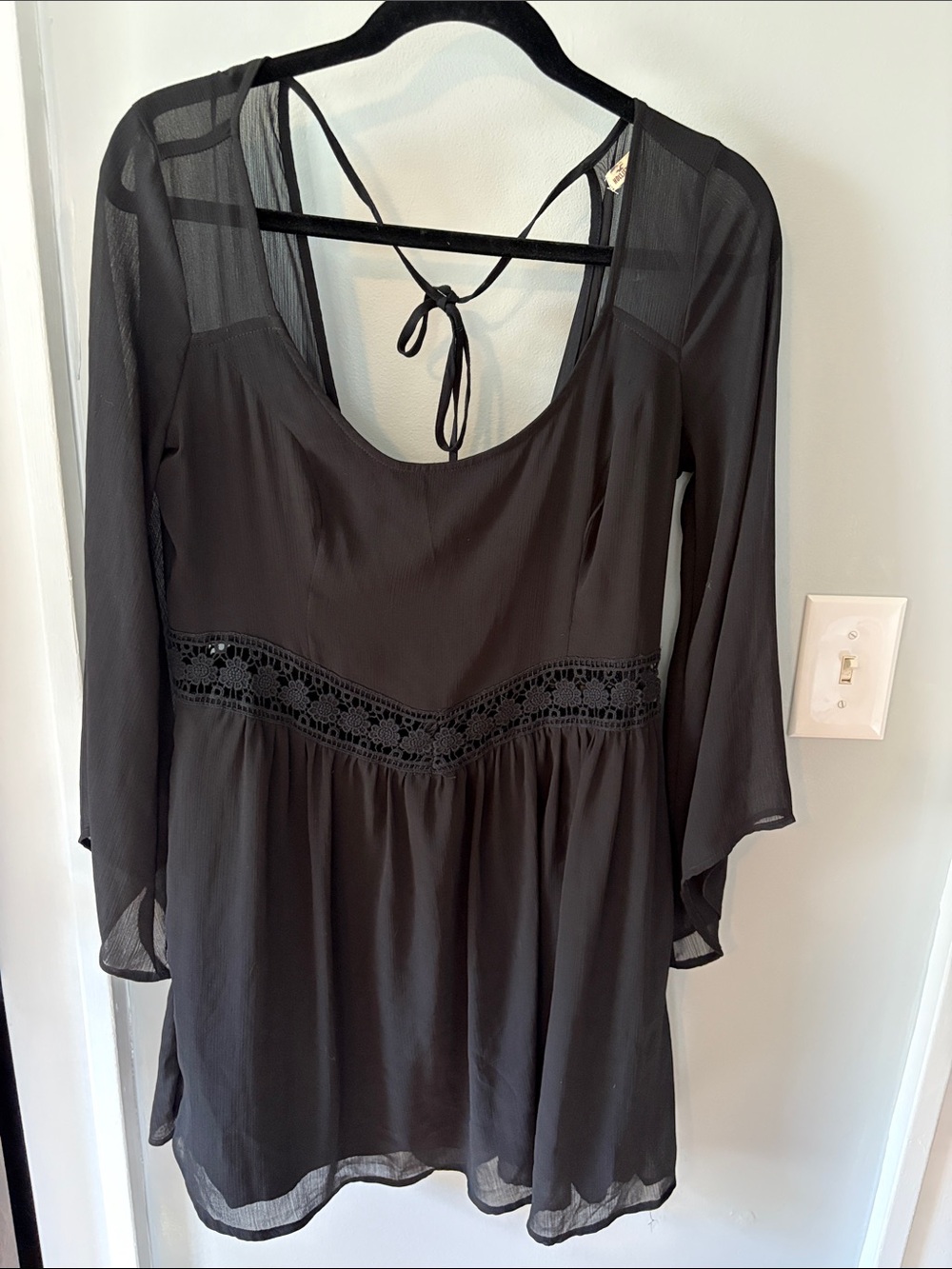 Hollister Black Mini Dress with Crochet Waist and Sheer Sleeves Size Large